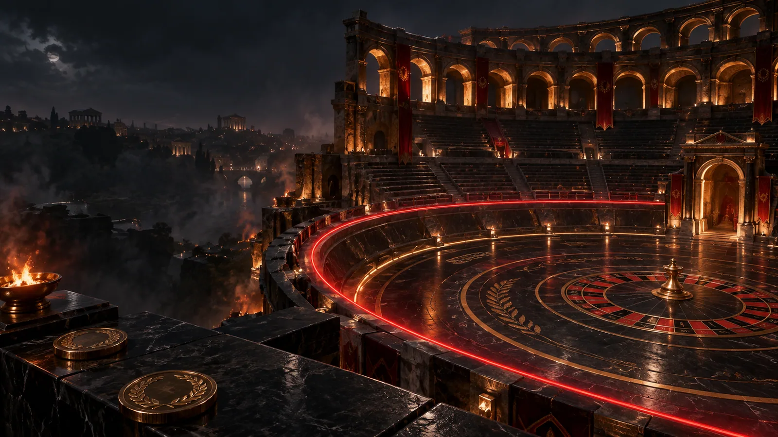 An empty nocturnal stone arena with a red track and brass centrepiece